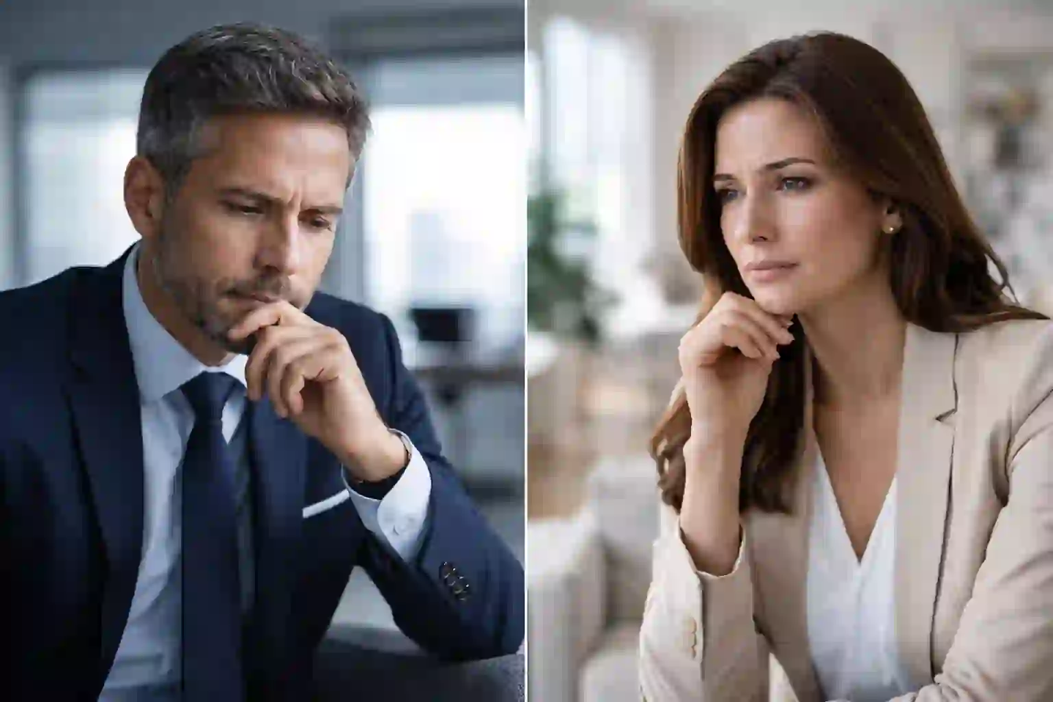 Thoughtful midlife professionals in separate modern interiors reflecting on major life decisions