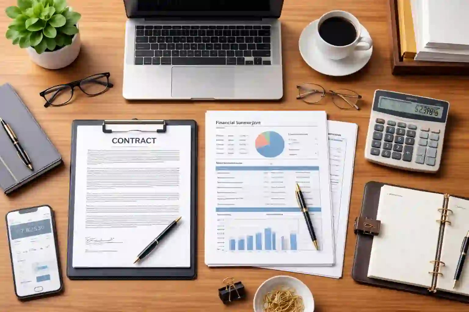 Orderly desk with legal documents, financial statements, and laptop arranged precisely