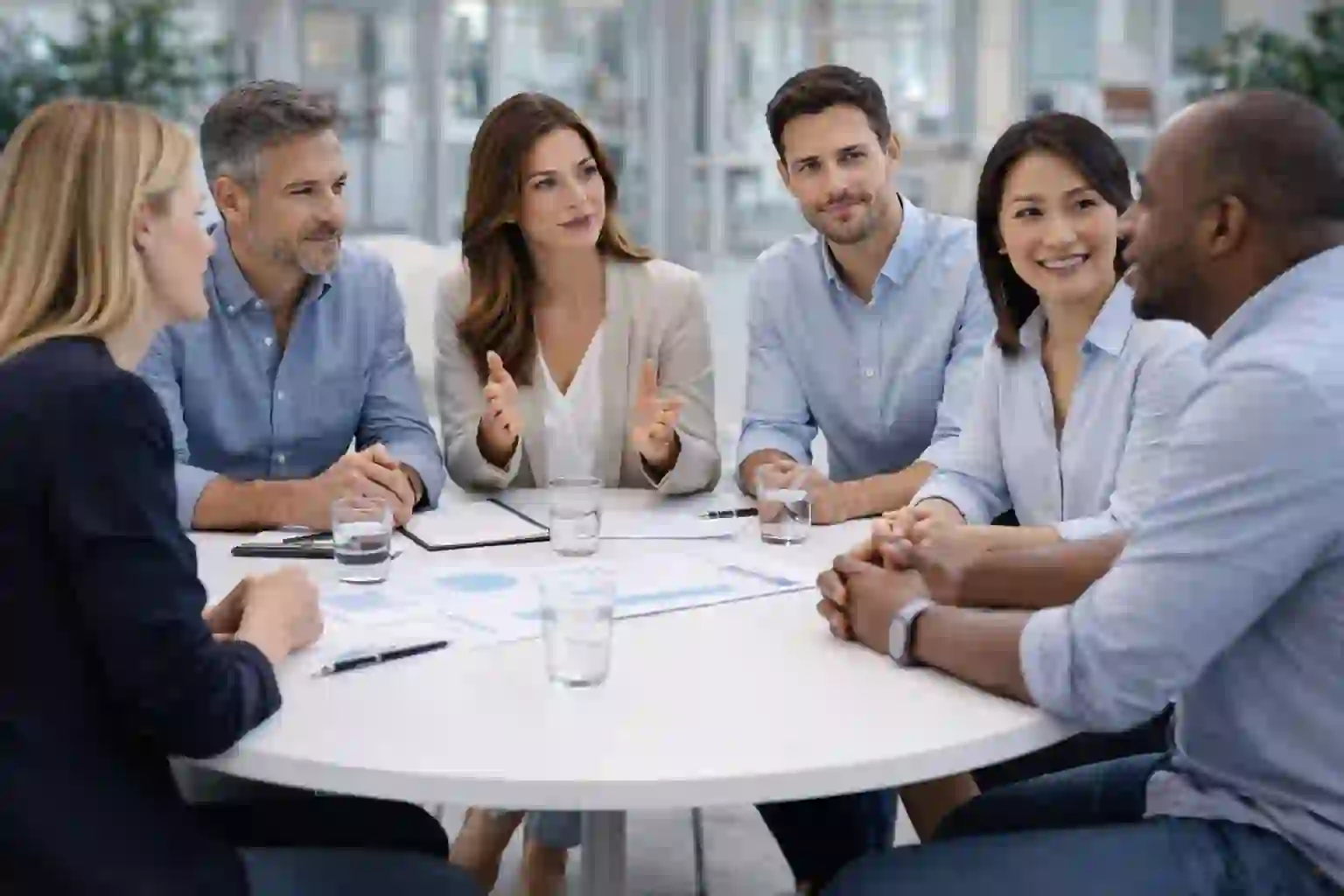 Professional adults in collaborative discussion symbolizing growing community