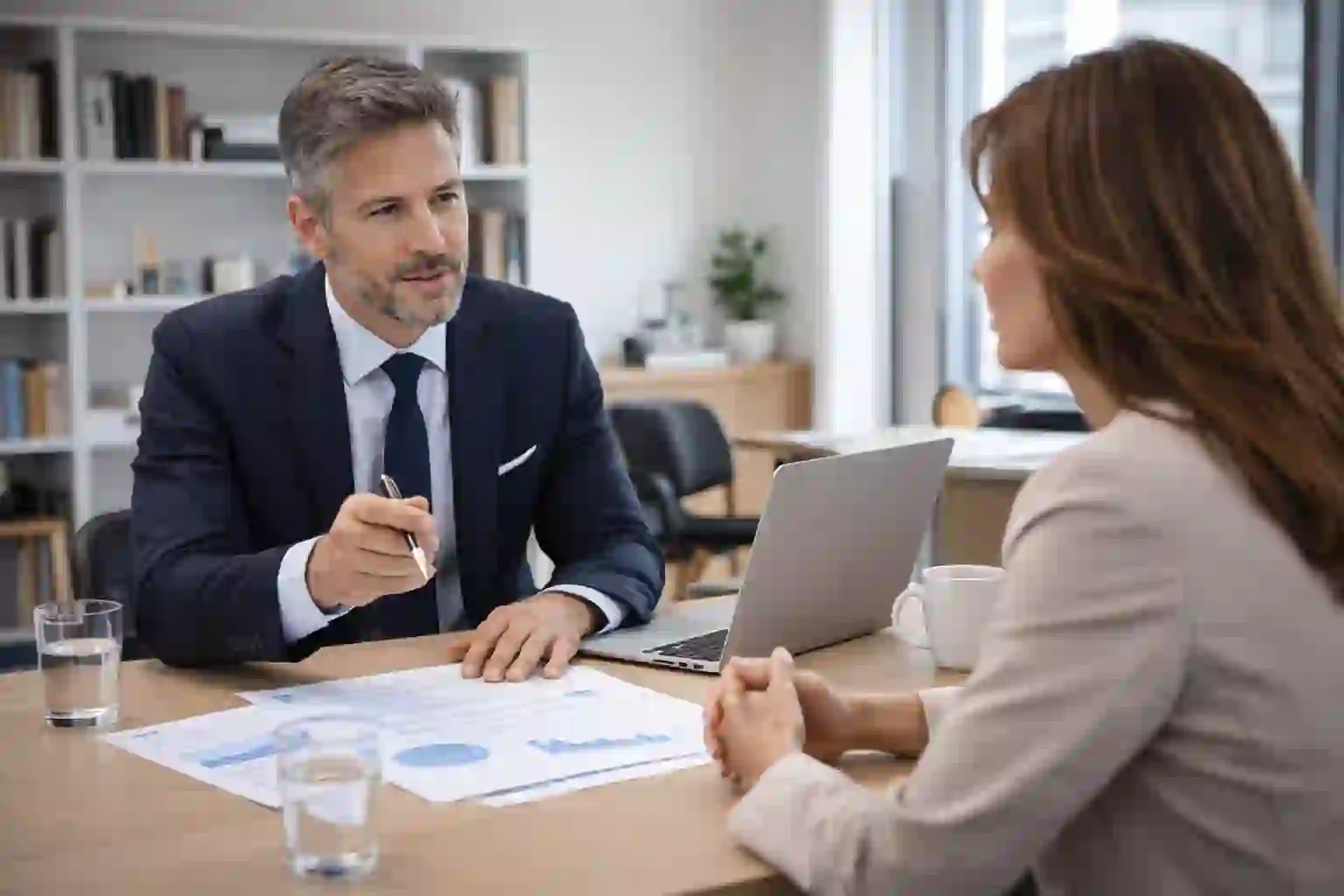 Professional advisor meeting with client in modern office setting