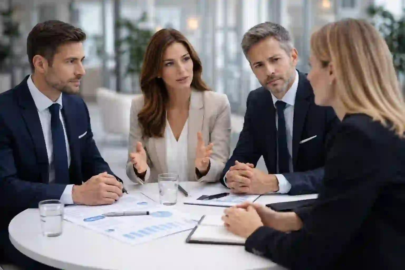 Small group of well-dressed adults in focused discussion in modern conference setting