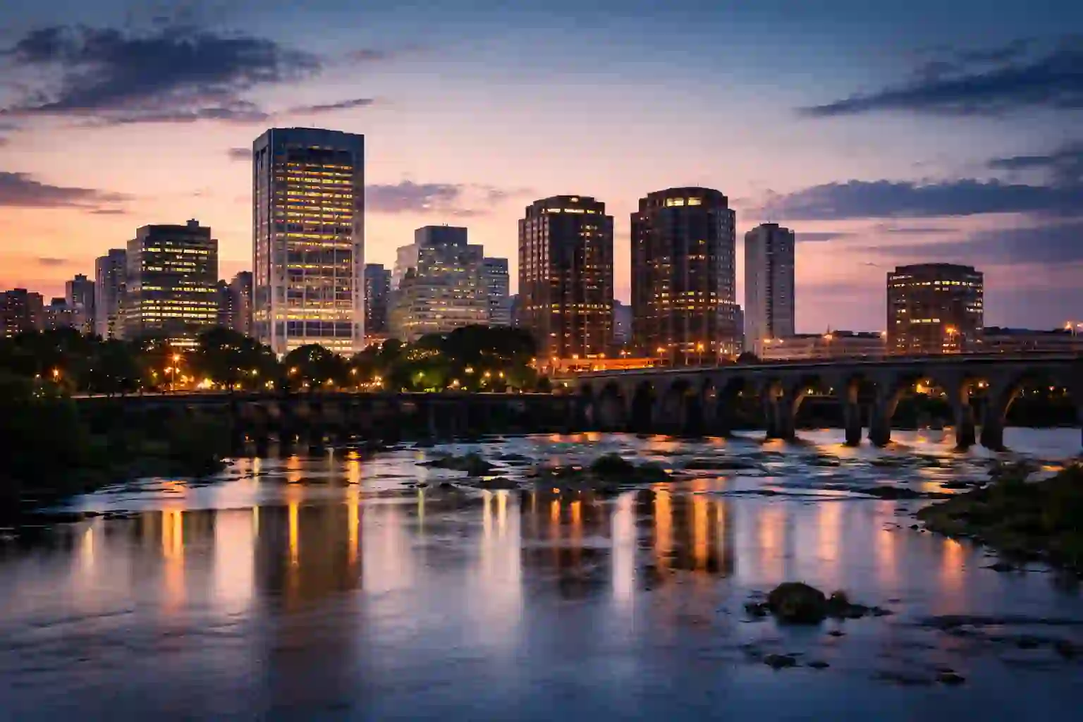 Richmond Virginia skyline at dusk representing the founding city of DivorcedInfo